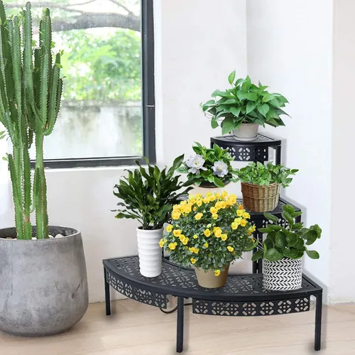 Vista 5 de aboxoo Soporte para Plantas de 3 Niveles Estante para Macetas de Flores, Estante Esquinero Estilo Escalón de Metal para Jardineras, Soporte