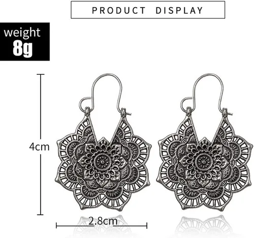 Vista 4 de DOUBNINE Pendientes gitanos étnicos de flores antiguas cuelgan pendientes retro estilo vintage boda nupcial joyería bohemia (plata), Zinc, No es una