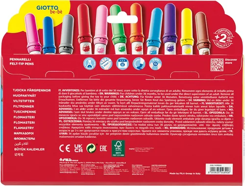 Vista 3 de GIOTTO be-bè Juego de bolígrafos de punta de fieltro para colorear para niños pequeños, bolígrafos jumbo, caja de 18 colores surtidos, súper