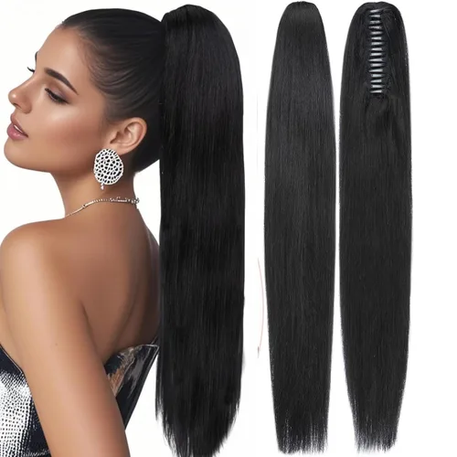 Vista 29 de Rich Choices Extensión de cola de caballo con clip de garra, cabello humano real, una pieza, extensiones de cabello largo Remy para mujer, #18P613