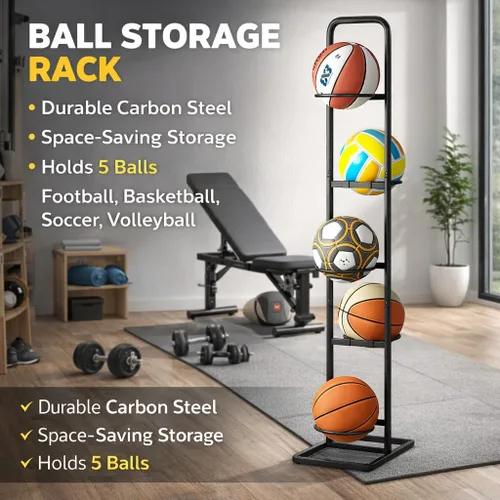 Vista 7 de Estante de almacenamiento vertical para bolas, soporte organizador deportivo ajustable de 5 niveles para baloncesto, fútbol, voleibol y más