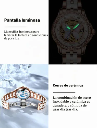 Vista 5 de OLEVS Reloj automático para mujer, reloj de cerámica de acero inoxidable Mariposa / Colorido