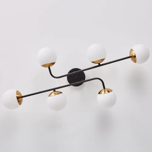 Vista 5 de Aiwen Moderna lámpara Sputnik de montaje semiempotrado con 6 luces de cristal negro dorado para techo, globo rústico, iluminación de techo regulable