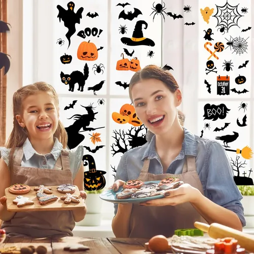 Vista 3 de Haull 6 hojas de calcomanías de pared de Halloween, calcomanías de pared reutilizables para ventana de Halloween, acuarela, bruja, murciélagos