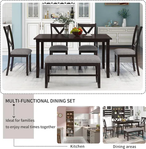 Vista 7 de LUMISOL Juego de mesa de comedor de 6 piezas, mesa de comedor rectangular de 60 pulgadas con sillas tapizadas y banco, juego de mesa de cocina