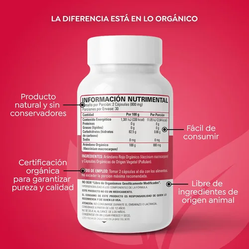 Vista 4 de OS Organic Side - Arándano orgánico 60 cápsulas - Prevención de infecciones urinarias - Certificado USDA - Sin OMG - Vegano