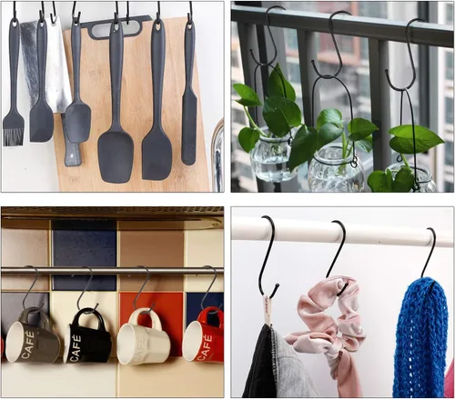 Vista 5 de Paquete de 30 ganchos negros en S de acero para colgar ganchos en S resistentes de metal para ollas de cocina, ganchos de armario para colgar