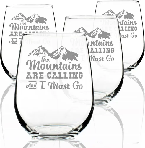 Vista 5 de Custom The Mountains Are Calling And I Must Go - Personalized Stemless Wine Glass - Fun Mountain Themed Gift or Décor - Large 17 Ounce - Customized