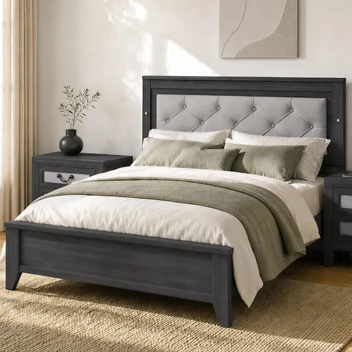 Vista 10 de KISLOT Base de cama LED tapizada con juego de mesitas de noche, color crema