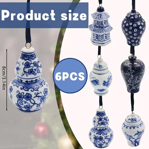 Vista 2 de 6 adornos chinos – Adornos colgantes de porcelana azul y blanca – Adornos de cerámica para árbol de Navidad y decoración de otoño (estilo clásico)