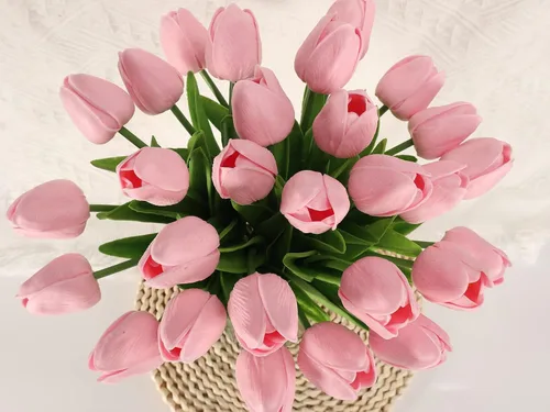 Vista 7 de 30 tulipanes reales al tacto, flores de poliuretano, tulipanes artificiales para arreglos de boda, fiesta, Pascua, primavera, hogar, comedor, Rosa