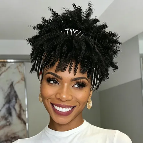Vista 18 de Aisaide Peluca de Diadema Afro Rizada Crespa, Pelucas Afro Negras Cortas para Mujeres Negras, Peluca Sintética Rizada Crespa con Diadema y Flequillo