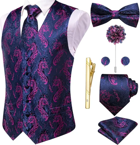 Vista 24 de Hi-Tie Chaleco de traje de seda para hombre, corbata y corbatín de solapa, clip de corbata dorado, chaleco floral de cachemira, 8 piezas, conjunto