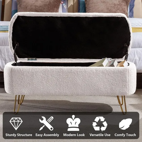 Vista 7 de mikibama Banco otomano de piel sintética de 38.9 pulgadas con diseño de sherpa, para ventana, banco de entrada, otomanos con patas de metal dorado