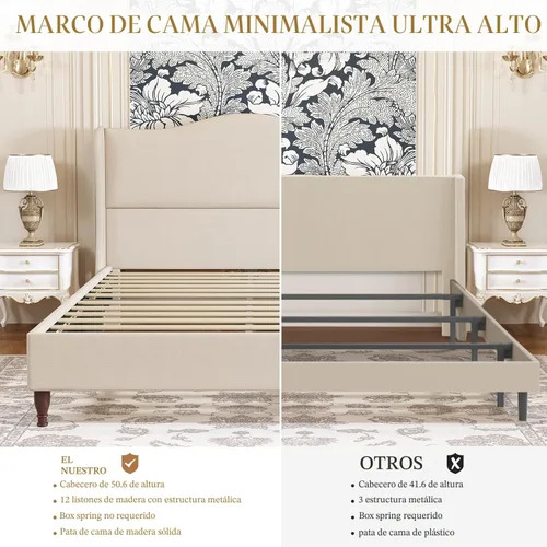 Vista 7 de koorlian Marco de Cama Tamaño Completo Cama Plataforma Tapizada con Cabecera Alta de 51" Wingback, Tela Suave, Estilo Retro Simple Cama Plataforma
