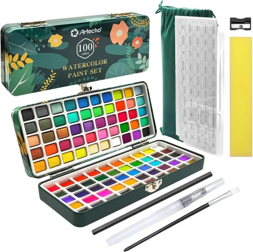 Vista 9 de Artecho Juego de pintura de acuarela de 50 colores, juego de acuarela de viaje con papeles de acuarela y pinceles, ideal para aficionados