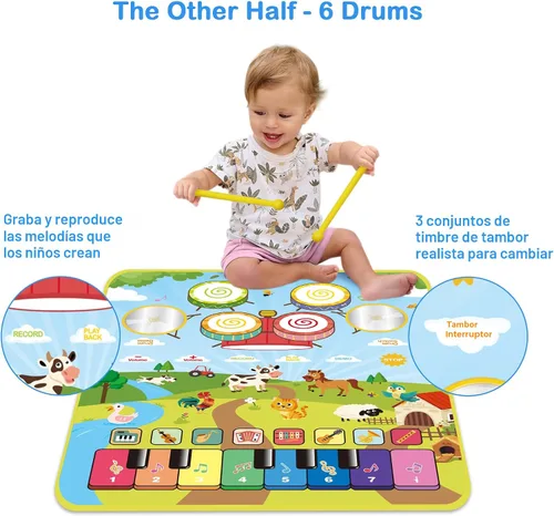 Vista 3 de FOKI Alfombrillas de piano, 3 en 1, tapete de juego musical de animales con piano y tambor para juguetes Montessori sensoriales de aprendizaje