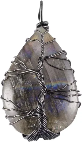 Vista 2 de Nupuyai Collar de labradorita natural unisex hecho a mano con alambre de piedra curativa irregular con cadena de 19 pulgadas, Piedra Metal