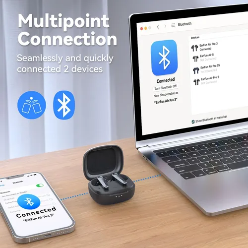 Vista 5 de Auriculares EarFun Air Pro 3 con cancelación de ruido, sonido adaptativo Qualcomm® aptX™, 6 micrófonos CVC 8.0 ENC, auriculares Bluetooth 5.3