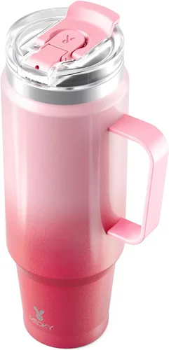 Vista 9 de Meoky Vaso de viaje de acero inoxidable de 40 onzas con asa, taza de viaje de acero inoxidable con tapa para sorber 2 en 1, taza de café aislada al