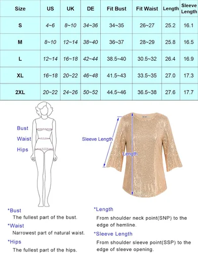 Vista 3 de Blusa de fiesta con lentejuelas brillantes para mujer, con purpurina brillante y manga 34 con abertura