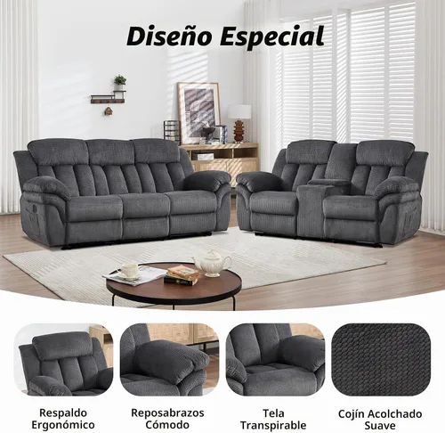 Vista 4 de CANMOV Juego de sofá reclinable, sofá biplaza reclinable manual y sofá de 3 plazas con reposabrazos sobrerelleno para sala de estar, muebles de Gris