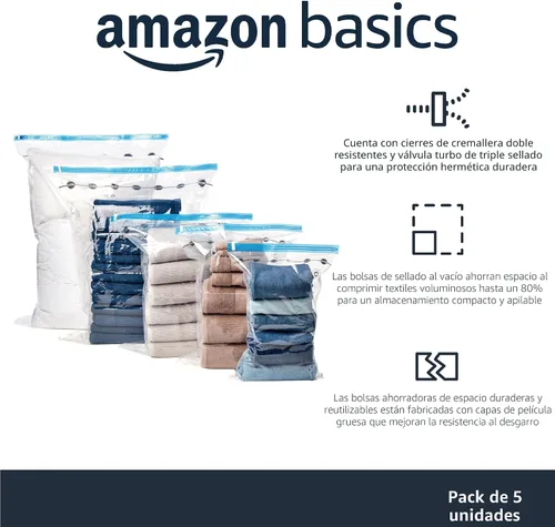 Vista 2 de Amazon Basics Bolsas de almacenamiento con cremallera de compresión al vacío con bomba de mano, medianas, transparentes, paquete de 5, blanco, azul