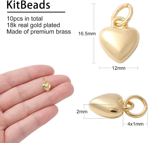 Vista 2 de KitBeads 10 dijes de corazón chapados en oro real de 18 quilates de latón dulce amor, mini colgantes 3D para el día de San Valentín para hacer