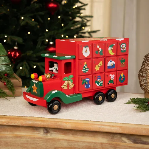Vista 2 de Calendario de Adviento Camión de Almacenamiento Decoración de Navidad - 14" - Rojo