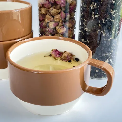 Vista 3 de Sicaluya Tazas de café de plástico apilables de 11 onzas con asa (paquete de 6), taza de fiesta ligera para niños y adultos y ancianos, aptas