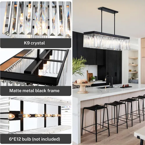 Vista 7 de Candelabro rectangular de cristal, candelabro negro grande y moderno de 6 luces, colgante ajustable, lámparas colgantes de lujo para comedor