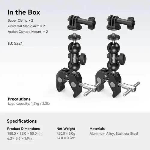 Vista 7 de SMALLRIG Super Clamp Mount 2 unidades, brazo mágico de doble cabeza de bola para cámara