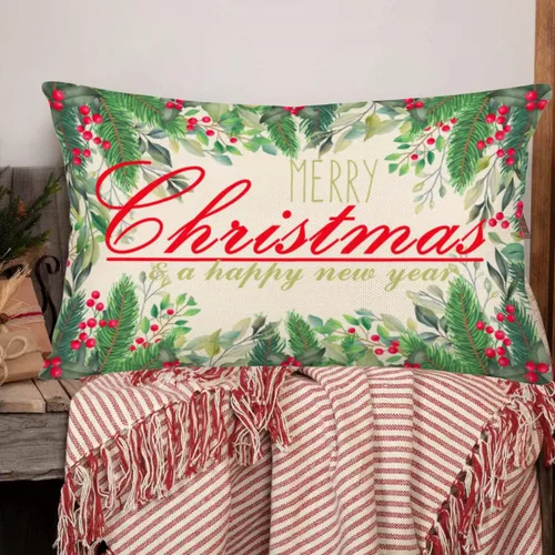 Vista 3 de Fundas de almohada de cintura de 12 x 20 pulgadas, fundas de almohada de muérdago de eucalipto rojo y verde, fundas de almohada de lino de algodón