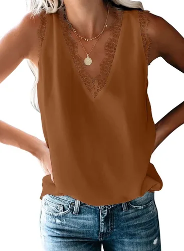 Vista 11 de BLENCOT Camiseta sin mangas con cuello en V para mujer, blusa de encaje, chaleco casual, camisola de verano Albaricoque