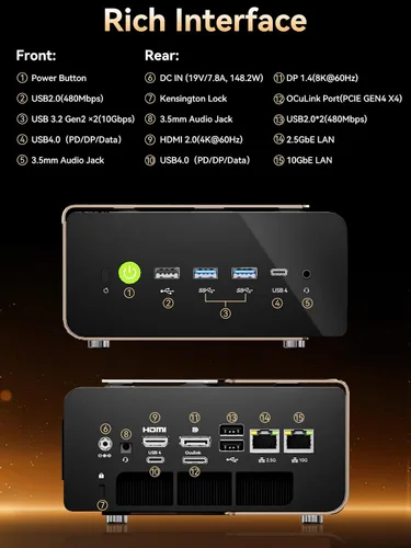 Vista 9 de GMKtec T2S AI Mini PC Intel Ultra X7 358H (Beat 285H /HX370) Arc B390