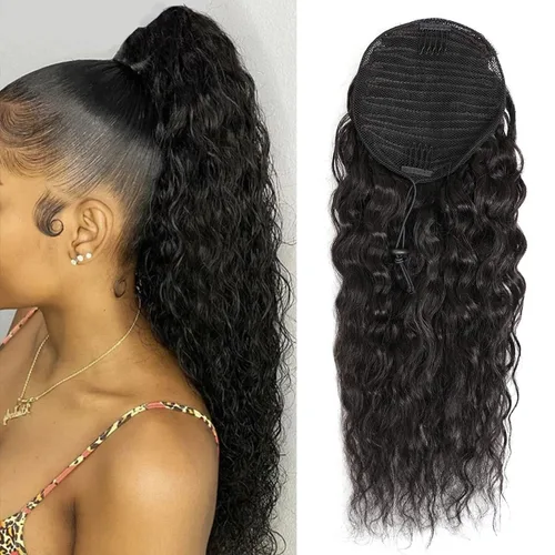 Vista 20 de Cola de caballo de cabello humano rizado con cordón brasileño Remy Extensin 3C Kinky Curly Hair Clip en pieza de pelo color natural sedoso suave 10