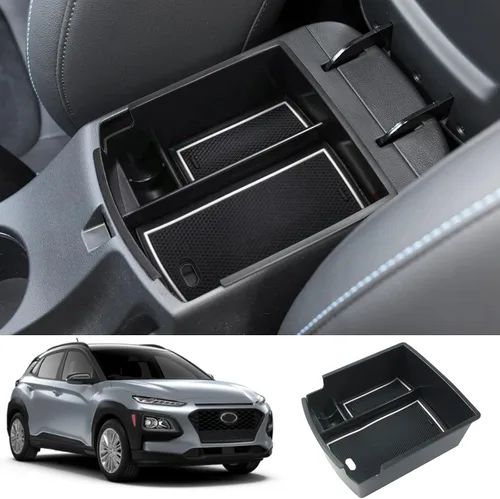 Vista 9 de Accesorios interiores Hyundai Kona 2018-2022, organizador de consola central con ribete azul con caja de almacenamiento y bandeja de inserción