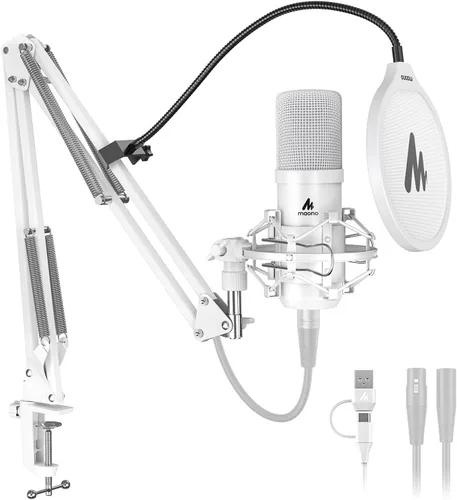 Vista 12 de MAONO Micrófono de condensador XLR/USB: 192kHz/24Bit Plug & Play PC Podcast Kit de micrófono de metal cardioide con software, chipset de sonido