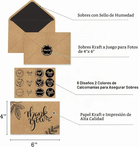 Vista 3 de 150 tarjetas de agradecimiento con sobres y calcomanías de papel kraft marrón a juego, 10 diseños elegantes de papel kraft a granel, notas en blanco