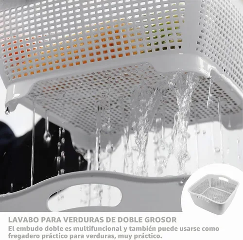 Vista 4 de Cesta de drenaje de doble capa, cesta de plástico para lavar frutas, verduras, cesta de almacenamiento de alimentos, fregadero apilable de verduras