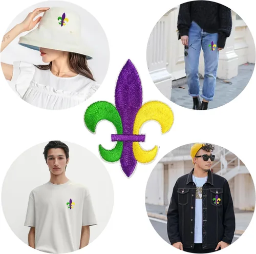 Vista 5 de 10 parches bordados de Mardi Gras Fleur De Lis, color morado, verde y dorado, parches de transferencia cosidos para ropa, sombreros, zapatos, jeans