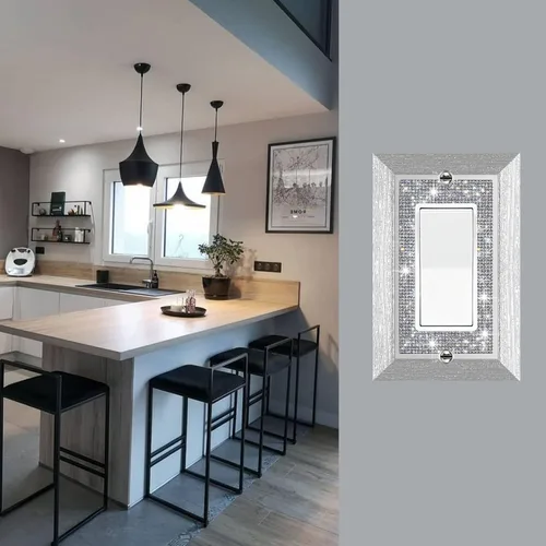 Vista 8 de Placa de pared con diamantes de imitación plateados brillantes plateados, placa de cubierta de interruptor de luz, cubierta de enchufe de grano