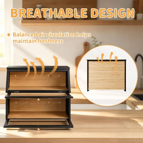 Vista 5 de HOMEKOKO Panera grande de doble capa para encimera de cocina, contenedor de almacenamiento de pan de madera de gran capacidad (negro)