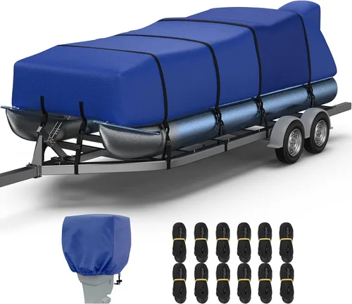 Vista 10 de RVMasking Cubierta para barco pontón con cubierta para motor, 1400D resistente reforzada en el medio, cubierta impermeable para barco de grado