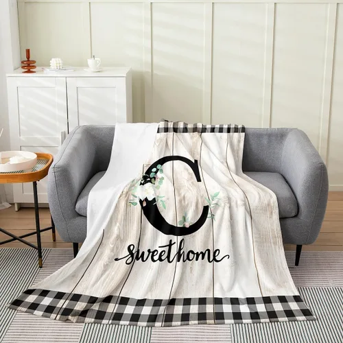 Vista 28 de Erosebridal Manta de franela de letras iniciales B, manta de vellón con letras ABC, 40 x 50 pulgadas, decoración rústica de granja, manta de felpa