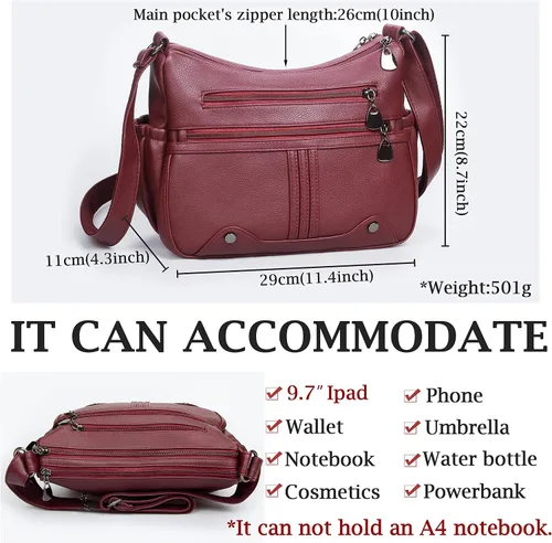 Vista 3 de Bolso bandolera de piel sintética suave para mujer, bolso cruzado con múltiples bolsillos, bolso cruzado mediano espacioso a la moda con asa superior
