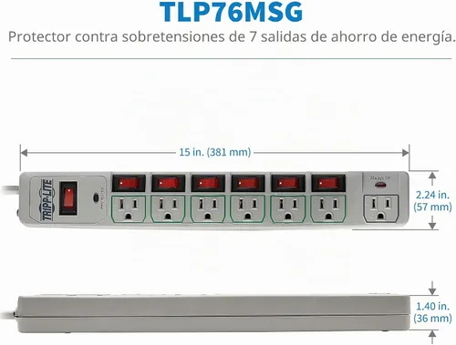 Vista 6 de Barra de contactos protectora de sobretensión de Tripp Lite. 7 tomacorrientes + control de tomacorrientes Valor no encontrado Gris
