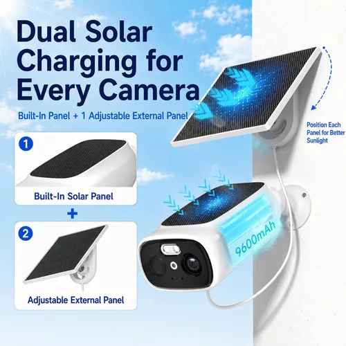 Vista 2 de 4pc 2.4/5GHz Solar Security Cameras Wireless Outdoor, Dual Panels Blanco