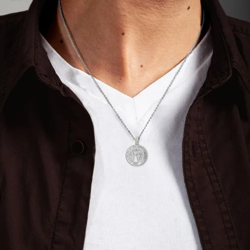 Vista 5 de Medalla De San Benito Saint St Benedict - Collar con colgante de moneda de oro blanco de 10 quilates con cadena Rolo y colgante solamente