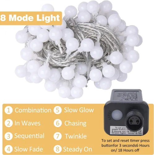 Vista 2 de Ogrmar Luces de Cadena de 49 pies con 100 Bombillas LED Globo 8 Modos Luces de Hadas con Control Remoto, Función de Temporizador y Conectable